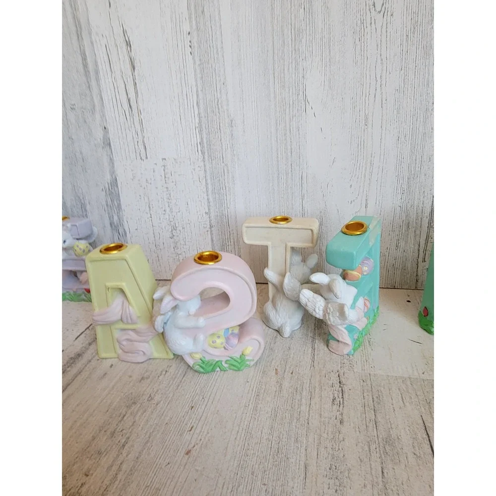 Easter‎ monogram ceramic candlestick holder bunny rabbit set spring home decor